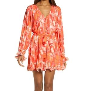 V-Neck Pleated Dress - Orange